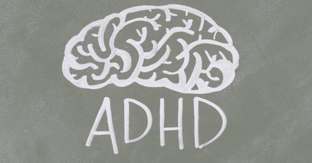 Cartoon drawing of the brain that says ADHD underneath