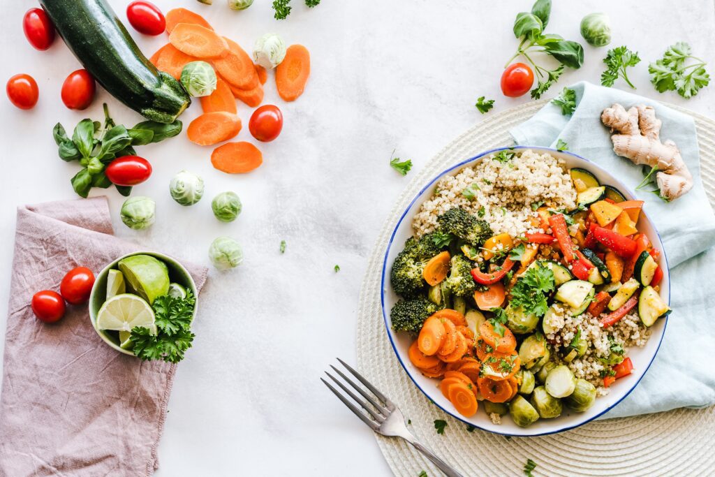 Healthy meal consisting of salads and fresh vegetables