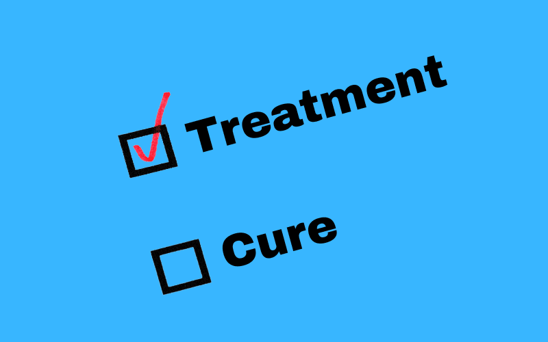 Blue background with text that says treatment / cure